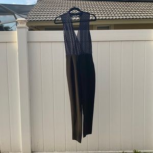 BCBGeneration, halter neck front cut out jumpsuit, blue and black.